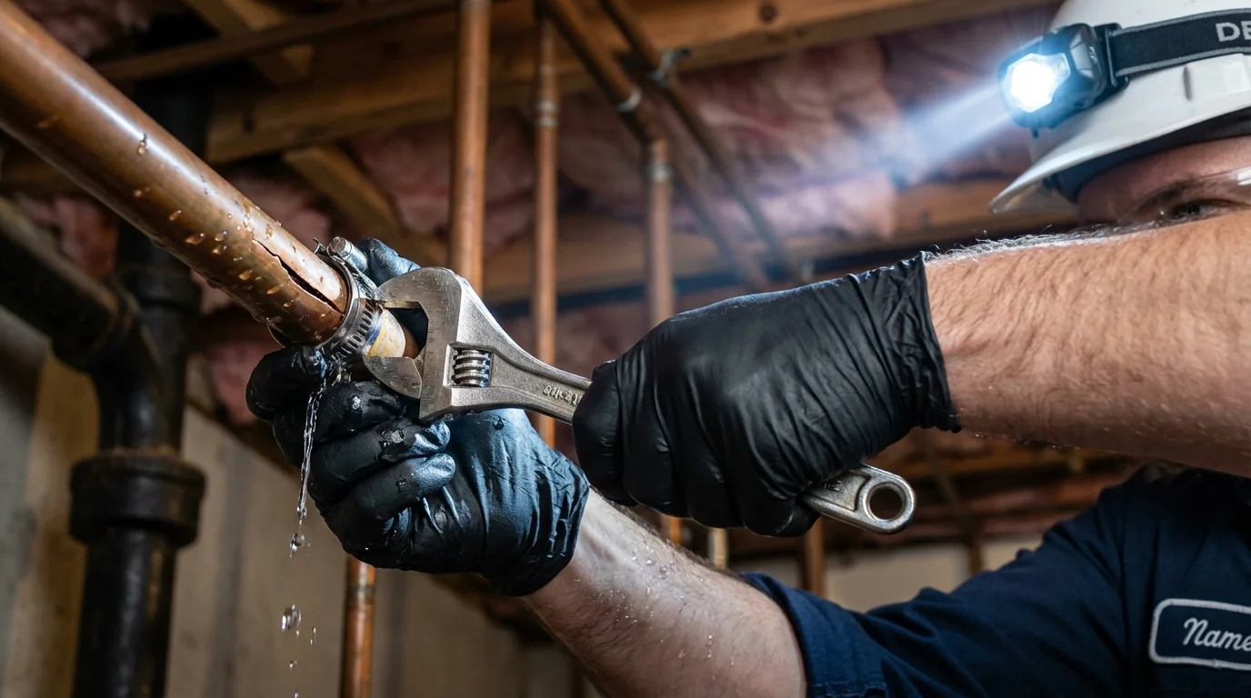 Emergency pipe clamp repair being performed by a Johns Plumbing LLC plumber in Millbrook